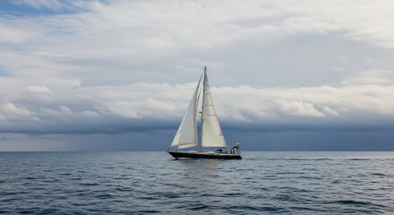 Fototapeta premium Sailboat glides across the ocean under a dramatic, cloudy sky, creating a serene seascape