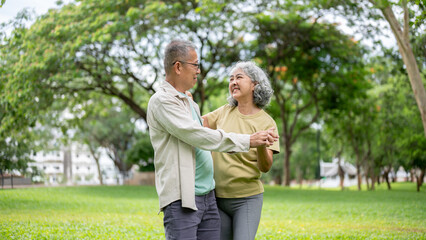 Fototapeta premium Glasses old man and woman holding hand smiling at each other while dancing together on grass in park