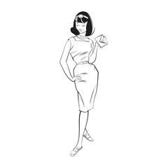 isolated fashion girl standing vector icon in black outline.eps