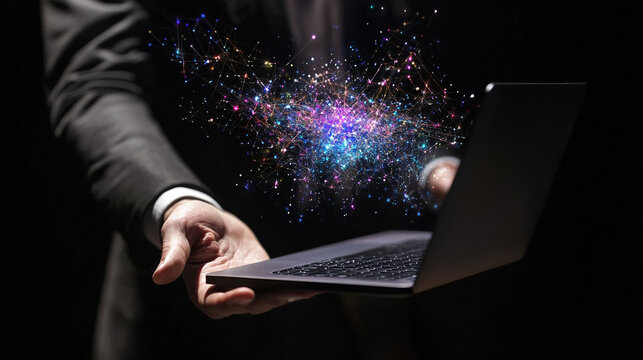 A businessman holds a MacBook Pro in his left hand and a digital network hologram in his right hand, showing the idea of using technology and data to connect the world.