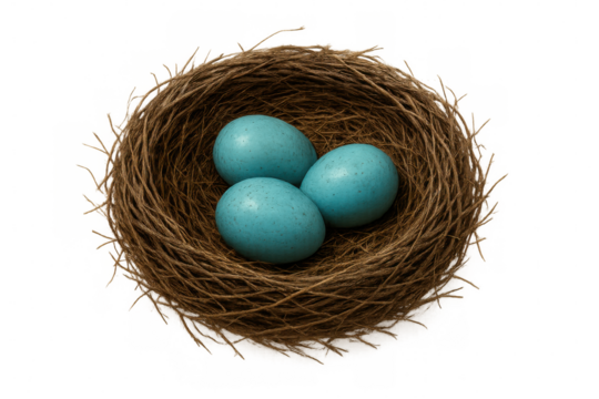 Speckled robin's eggs nestled within interwoven twigs, soft blue shells resting delicately against pale backdrop