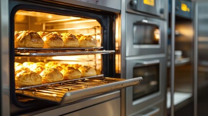 A chefâ€™s oven in a professional kitchen, with golden-brown pastries baking inside