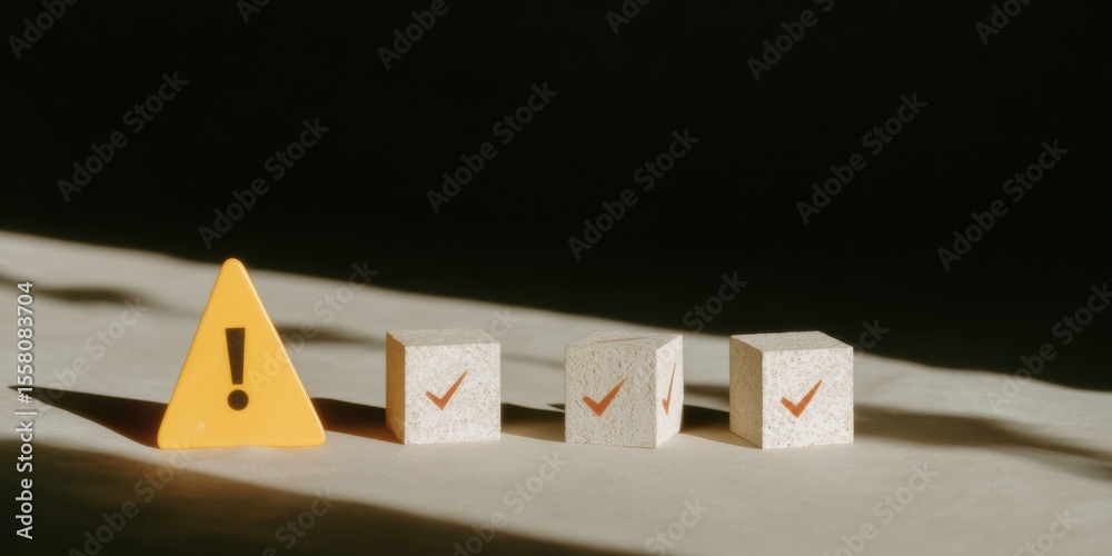 Poster Minimalist Error Correction Concept with Yellow Warning Cube and Neutral Check Mark Blocks for Risk Management and System Monitoring in Tech Environments