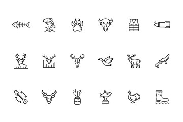 Outline icons of hunting fishing elements including animals equipment on background