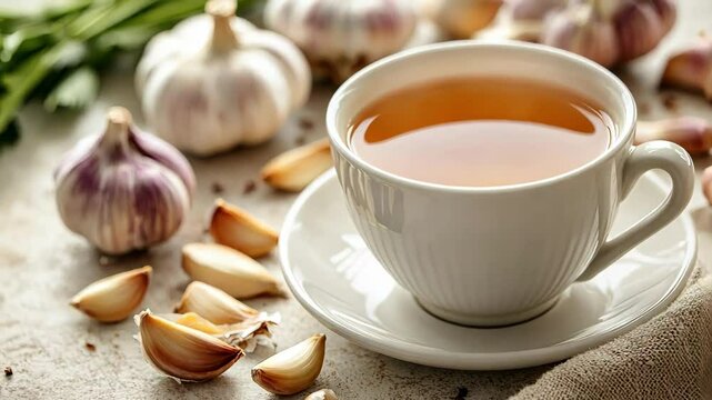 A cozy cup of garlic tea surrounded by fresh garlic cloves.