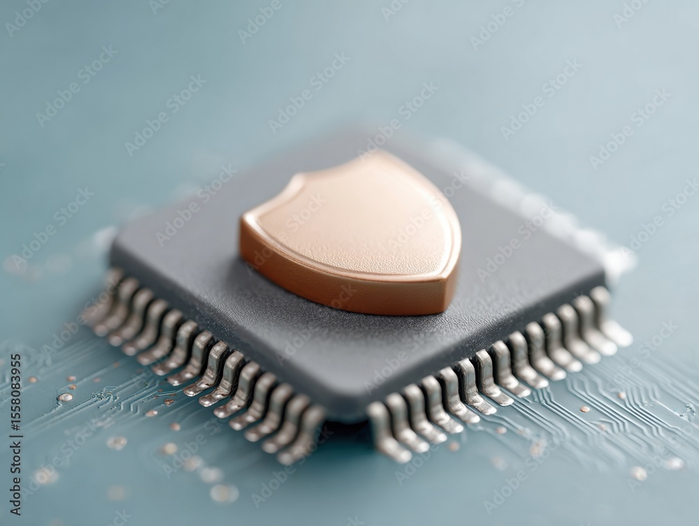 Poster Cybersecurity Shield Icon on Microchip Circuit Board Highlighting Encrypted Transmission and Digital Protection for Modern Tech Devices