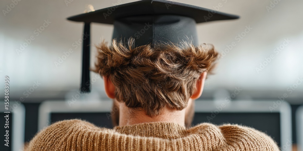 Aufkleber it professional wearing graduation cap at digital workstation with multiple screens in flexible onli