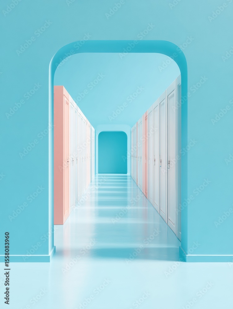 Poster modern data center hallway with endless rows of server racks in pastel blue and pink - futuristic cl