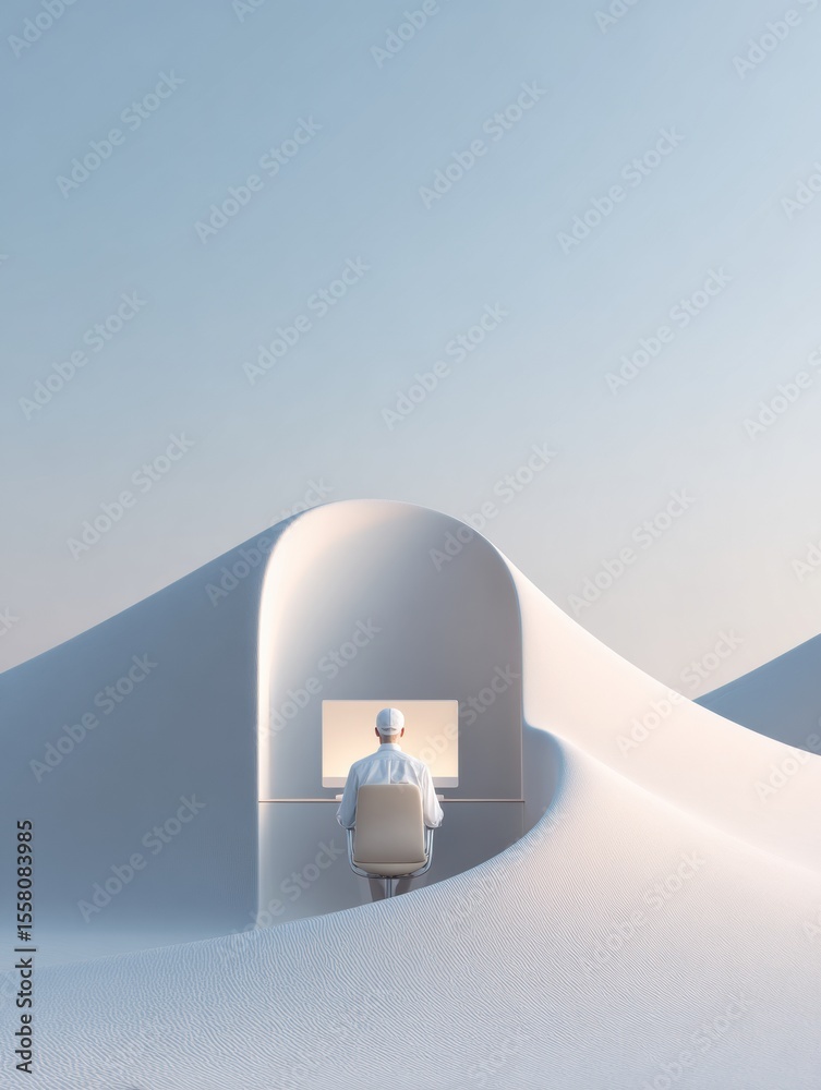 Poster minimalist modern workspace with it specialist, curved architectural design and soft natural light -