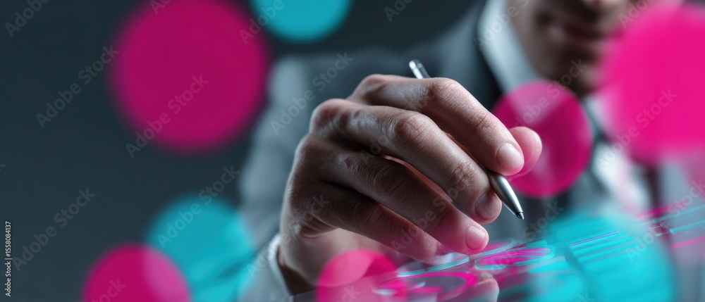 Aufkleber Businessman Using Pen to Select Digital Risk Assessment on Holographic Screen with Data Icons and Analytics Charts for Strategy and Risk Control