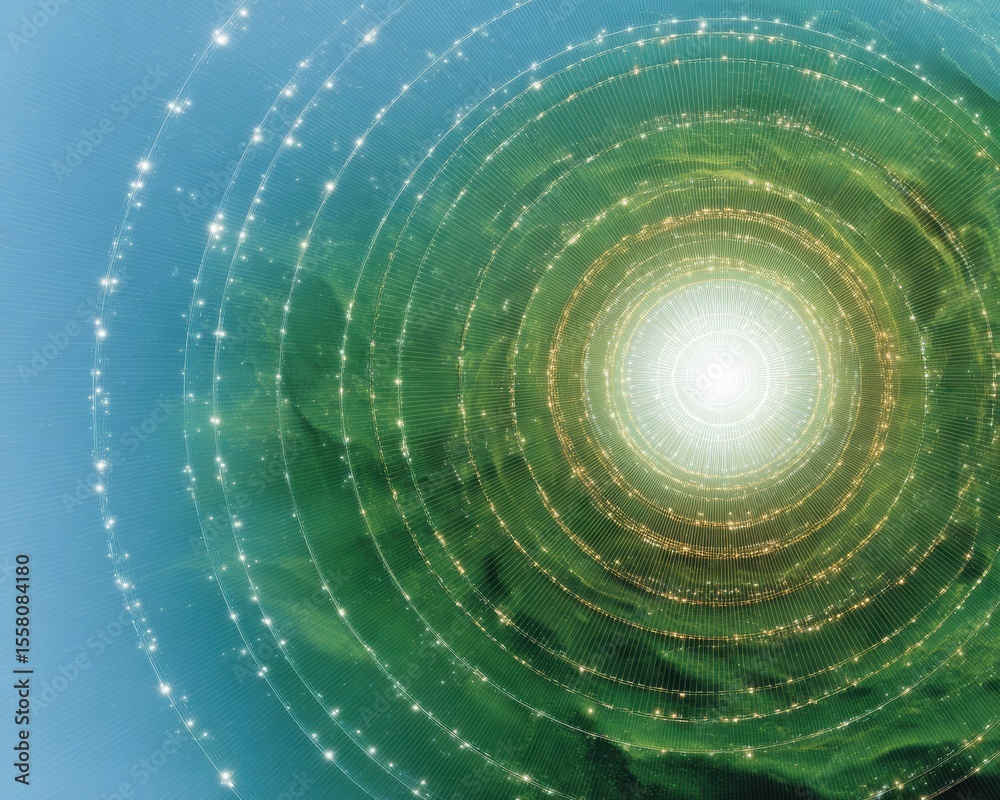Aufkleber Quantum Superposition Nodes Radiating from Core on Digital Grid with Geometric Circuits for Tech Innovation and Exponential Computing Growth