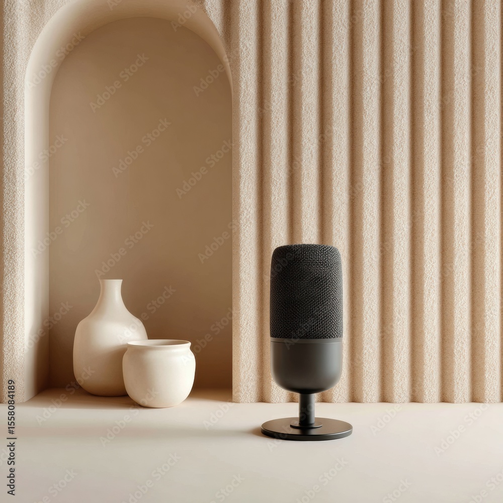 Aufkleber modern spatial audio microphone in minimalist recording studio with textured acoustic panels and cer