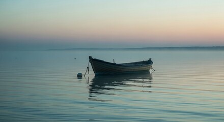 Fototapeta premium Solitary Rowboat Moored on Calm Lake at Misty Dawn, Reflections on Water