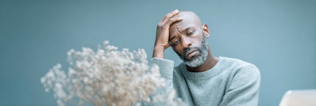 Modern Business Stress Concept Depressed Investor Leaning on Desk with Laptop and Paperwork in Minimalist Office - Financial Strain and Burnout Awareness - Powered by Adobe
