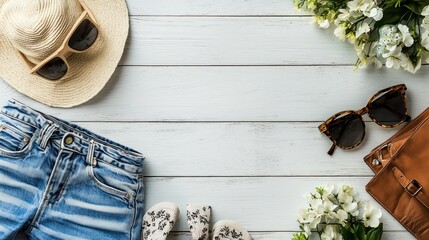 A casual summer outfit laid out on a white wooden table with a hat, sunglasses, and floral accessories.