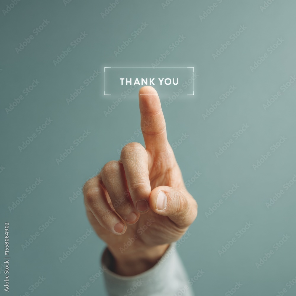 Aufkleber Modern Businessman Touching Transparent Digital Screen with Thank You Text in Tech-Inspired Office Setting for Professional Gratitude and Recognition