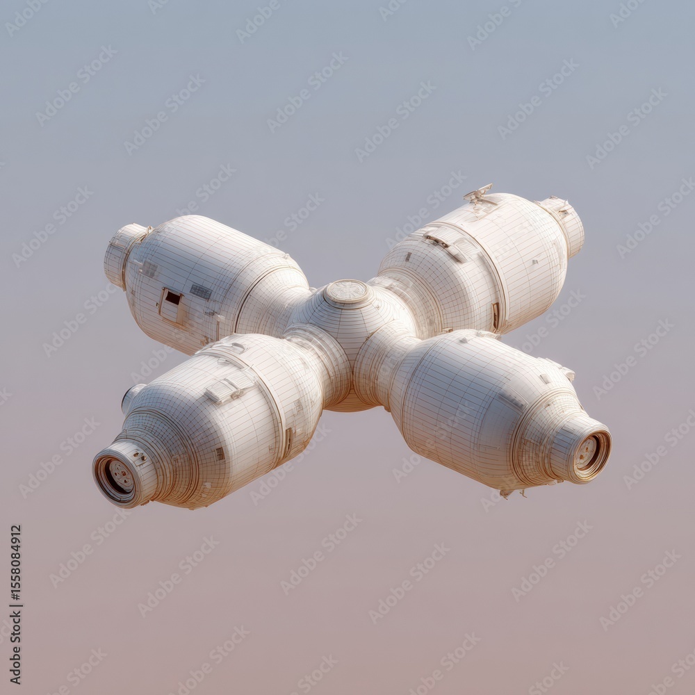 Poster Wireframe Space Station Docking Model Showing Modular Spacecraft Connection in Orbit for Engineering and Space Technology Presentations