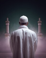 Spiritual Reflection of a Muslim Man in Traditional White Prayer Garment Facing Kaaba at Night with Minarets and Mystical Fog for Faith-Based Content
