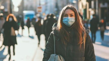 A woman wearing a face mask walks down a crowded street.