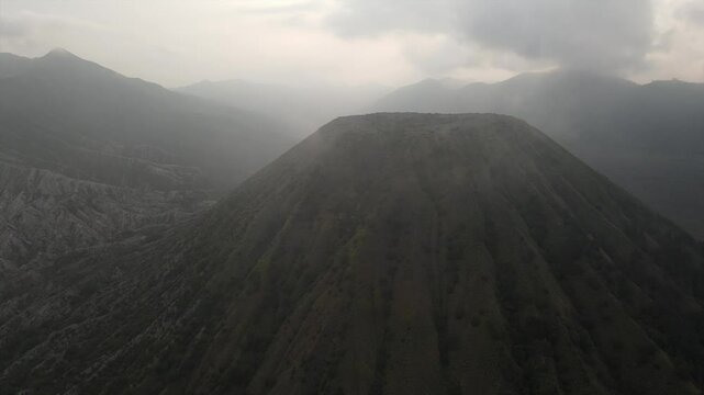 Bromo volcano crater East Java volcanic geothermal landscape Indonesia drone aerial