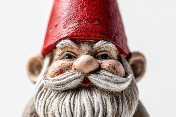 a cute and proud garden gnome, with a red cone hat and a white beard, isolated on white