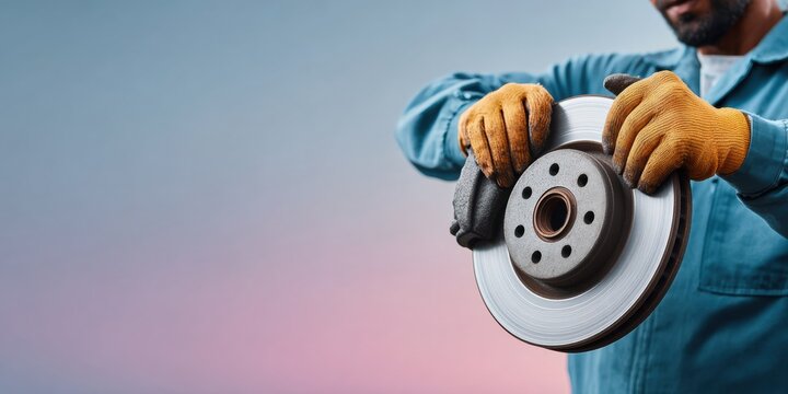 Modern Auto Mechanic Installing Front Brake Caliper and Pads with Gloves on Car Wheel Hub for Safe Vehicle Maintenance and Repair Services