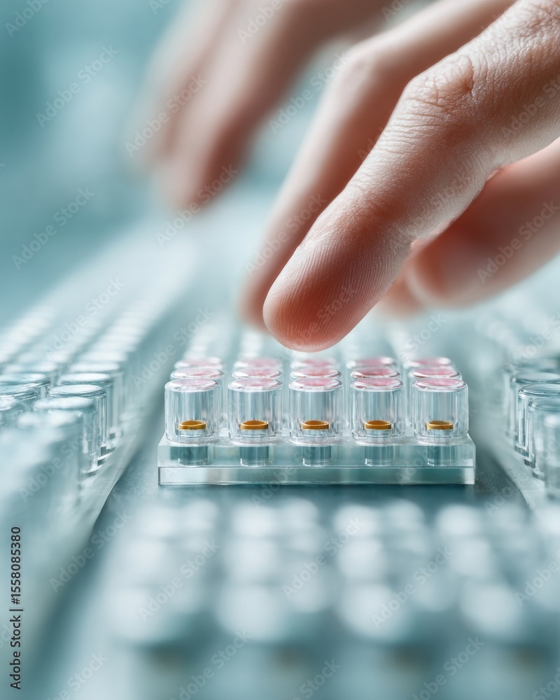 Poster Close-up of technician hand calibrating quantum processor components in advanced desktop laboratory setup for tech innovation and scientific breakthroughs