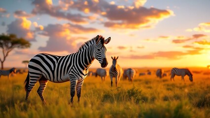 Naklejka premium Zebras grazing in golden savanna sunset golden hour