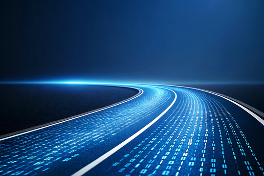 Abstract digital highway with binary code patterns and glowing blue light - Powered by Adobe