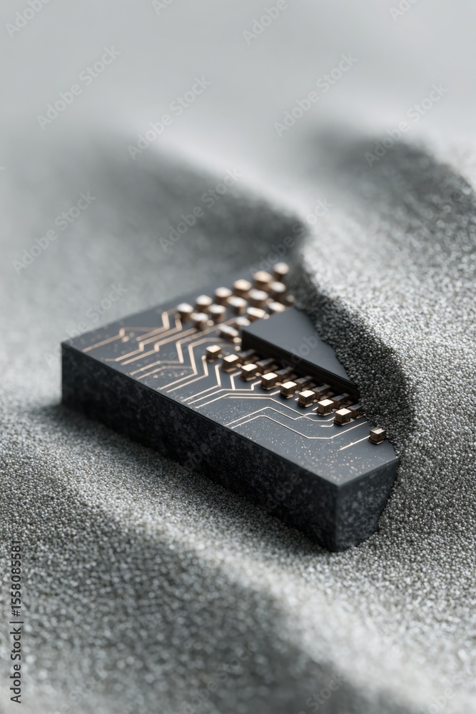 Poster Quantum AI Chip Embedded in Metallic Sand with Circuitry Detail Symbolizing Advanced Computing and Digital Transformation for High-Tech Innovation