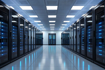 Modern data center server room with rows of blinking blue lights