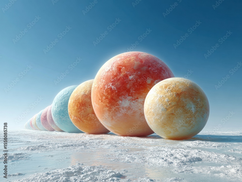 Poster abstract planet alignment with textured spheres on icy surface under blue sky for scientific researc