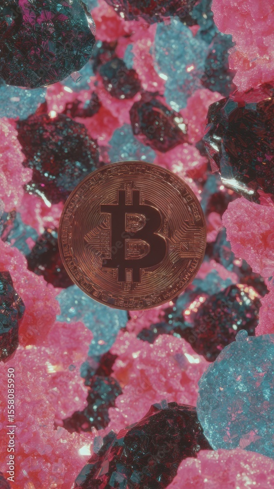 Poster Futuristic Bitcoin Coin Floating Amidst Colorful Crypto Tokens and Digital Connections in Blockchain Marketplace for Modern Finance and Secure Transactions