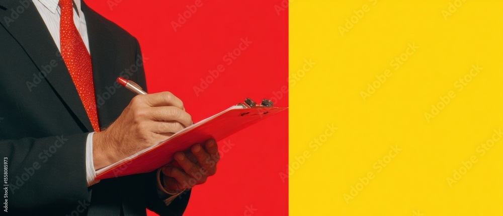 Poster modern business professional writing on clipboard with pen against vibrant red and yellow background
