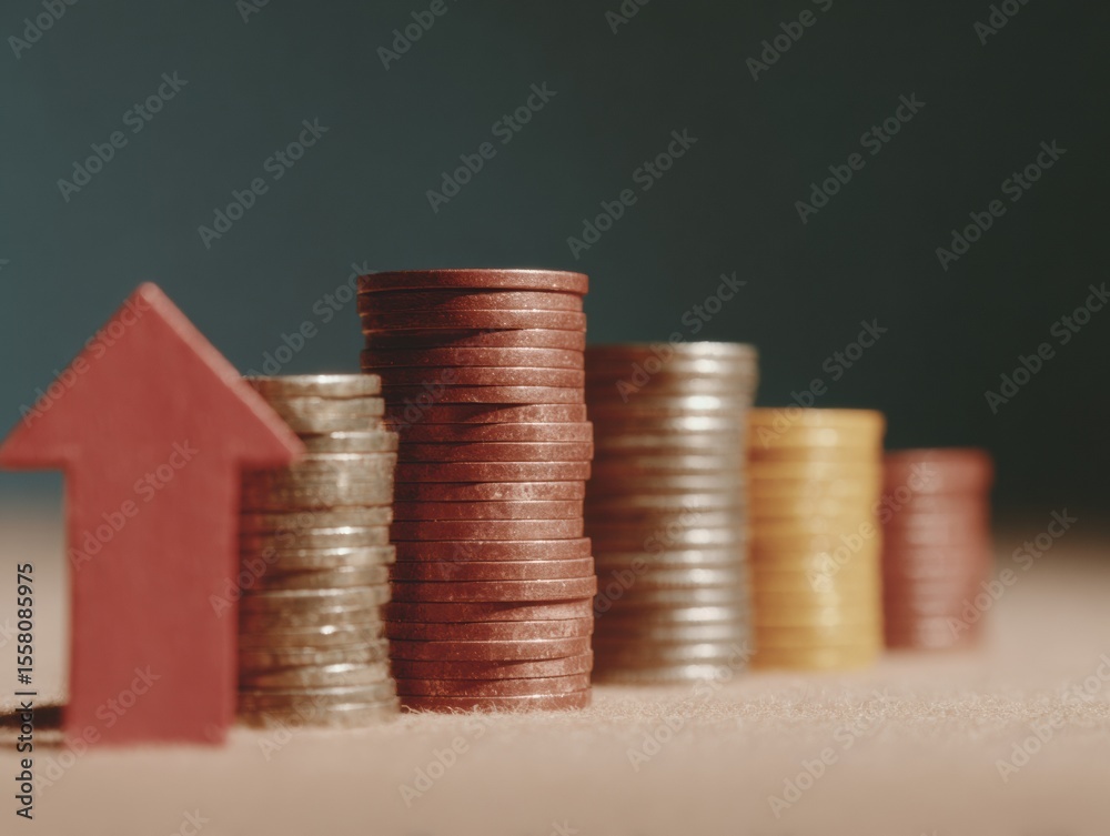 Poster financial growth concept with ascending coin stacks and red arrow symbolizing investment gains and r