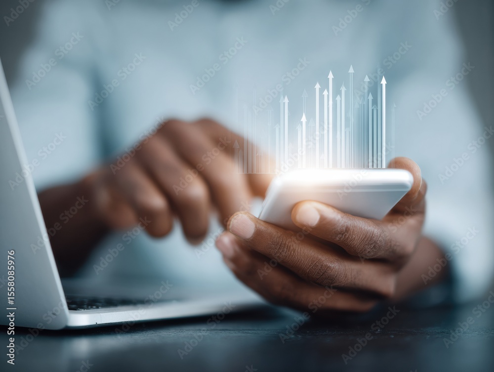 Poster technology-driven mutual fund investment with smartphone and laptop showing virtual stock market gro
