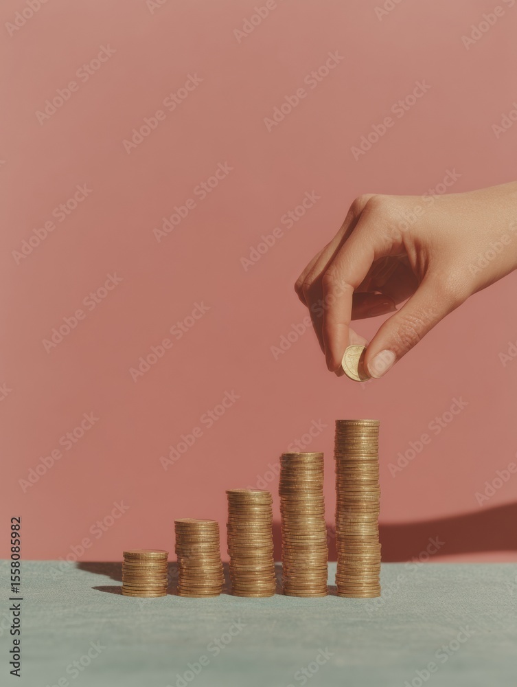 Poster Rising Stacks of Coins Representing Mutual Funds Investment Growth with Hand Placing Coin on Highest Stack and Digital Financial Data Overlay