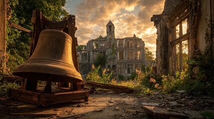 Golden hour illuminates a weathered bell beside a crumbling mansion, nature reclaiming the ruins