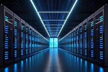Modern data center server room with glowing blue lights and a bright exit
