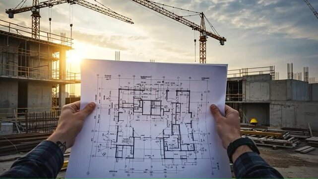 Architect reviewing blueprints at a construction site