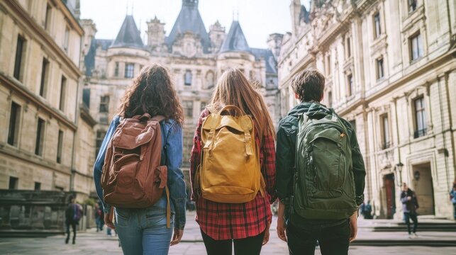 Three students walking in a European city, carrying backpacks, with a historic building in the background. - Powered by Adobe
