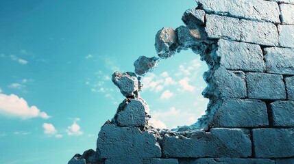 A blue and white brick wall with a hole in it, revealing a blue sky with clouds.
