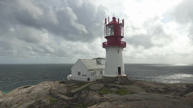 Scenic View Of Lindesnes Lighthouse In Agder County, Norway. Wide Shot
