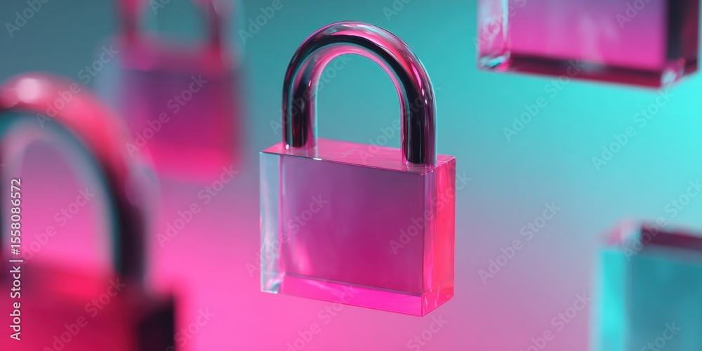 Poster Transparent Pink Padlock in Futuristic Digital Environment Symbolizing Secure Ledger Technology and Blockchain Finance Innovation for Fintech Marketing