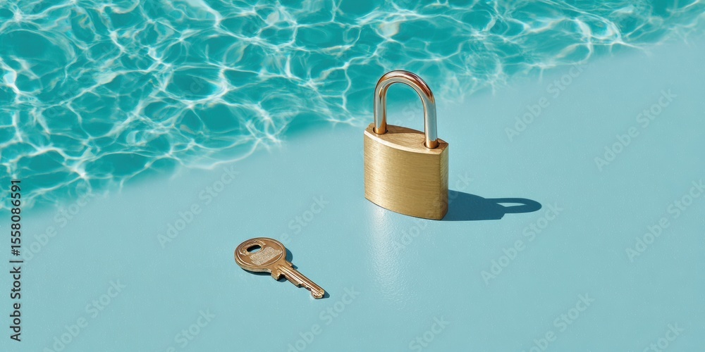 Poster Levitation Effect Bronze Lock and Key on Azure Surface Symbolizing Secure Technology and Privacy Solutions for Modern Security and Trust