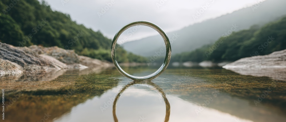 Poster levitation circular ring hovering above calm water with reflection in natural landscape - surreal ga