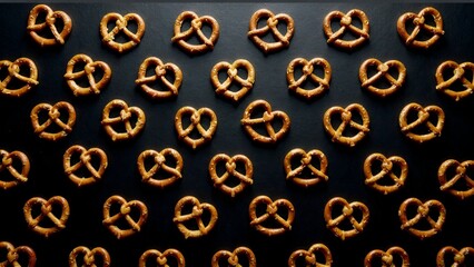 Fototapeta premium Golden brown pretzels arranged symmetrically on a dark background creating a visual rhythm.