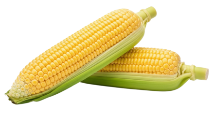 Two ears of fresh yellow corn on the cob isolated PNG with Transparent Background