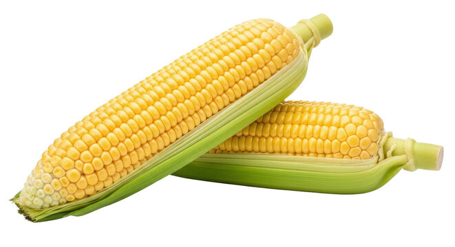 Two ears of fresh yellow corn on the cob isolated PNG with Transparent Background