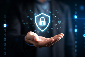 Man s hand holding a glowing digital shield with a padlock symbolizing cybersecurity